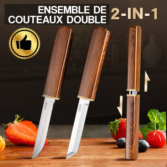 Ensemble de Couteaux Doubles 2 en 1 avec Manche en Bois