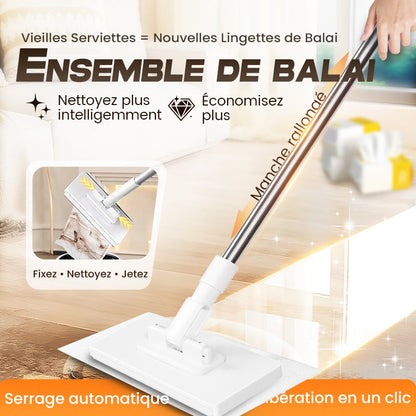 🧹 Serpillère Réutilisable – Pince Biomimétique Auto-Serrante, Manche Télescopique 100 cm, Rotation 360° & Écologique (Multi-Surfaces) !