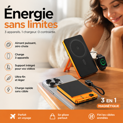 🔋 OFFRE LIMITÉE : 50% DE RÉDUCTION ! ✨ Chargeur Portable Magnétique 3 en 1 – Sans Fil, Support Intégré & Ultra-Fin – Rechargez Smartphone, Montre et Autre Appareil Simultanément 🍃📱