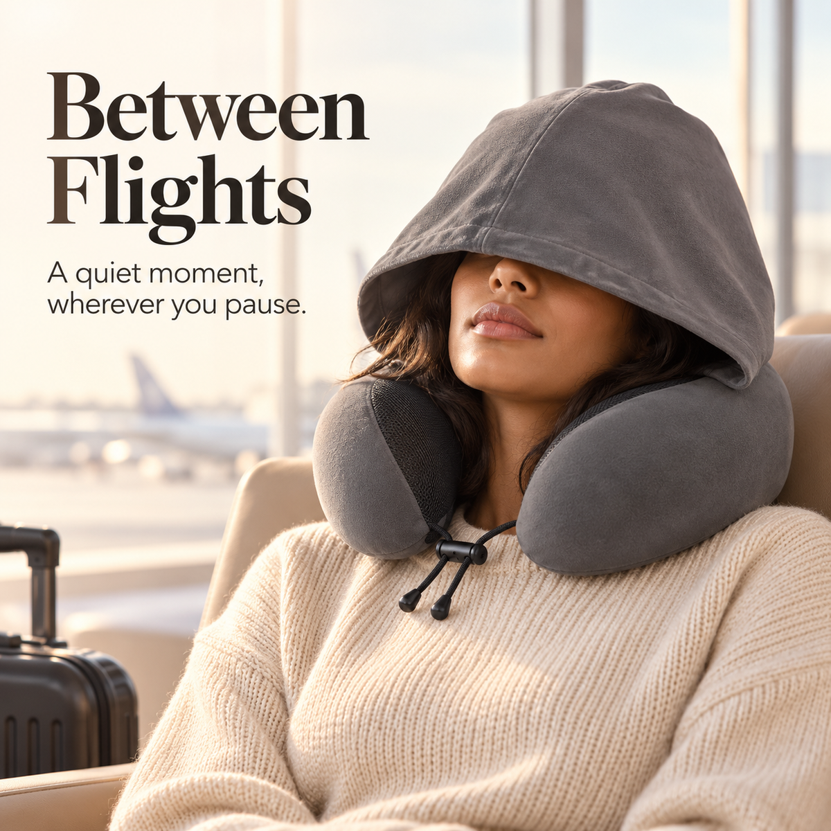 Adult traveler resting with a dark gray hooded neck pillow in a bright airport lounge