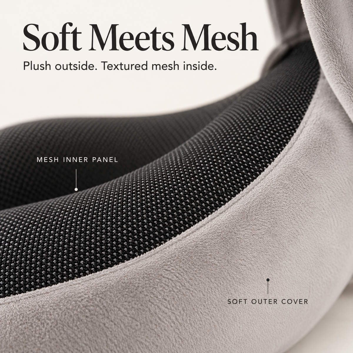 Macro detail of light gray plush fabric meeting the dark inner mesh panel