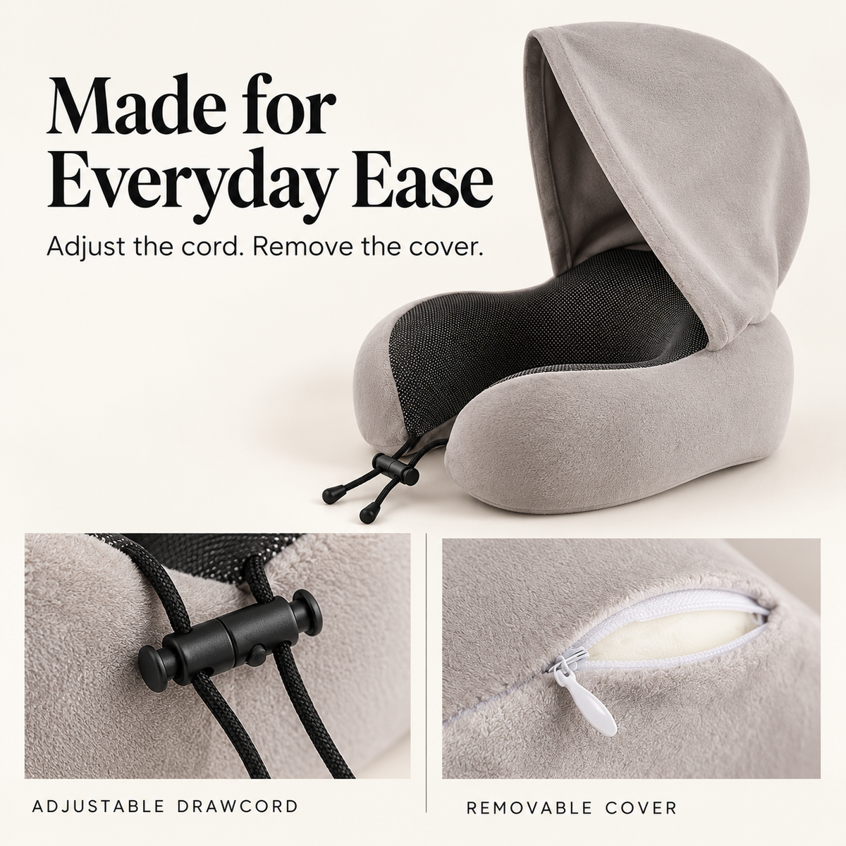 Details of the black drawcord lock and concealed zipper on the light gray removable pillow cover