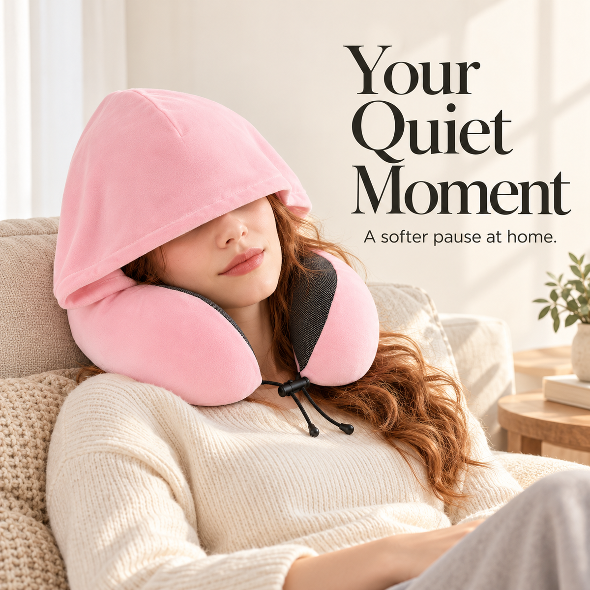 Adult woman resting at home with a blush pink hooded memory foam neck pillow