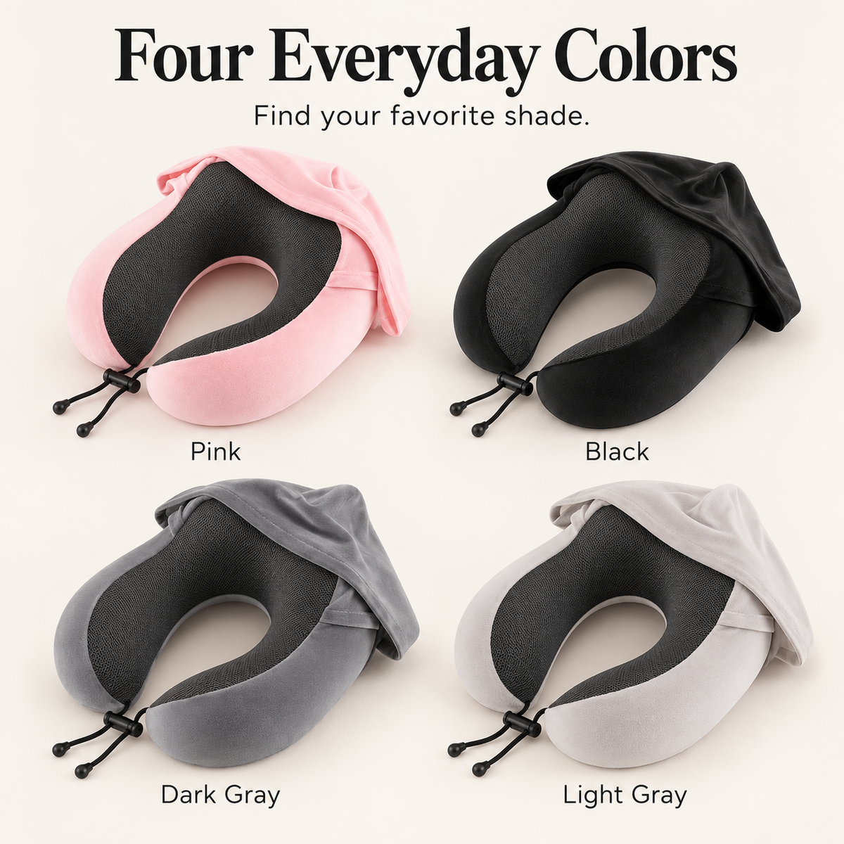 Four hooded neck pillow color options: Pink, Black, Dark Gray and Light Gray