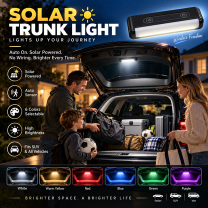 🔆 Éclairage de coffre solaire à LED pour voitures – Capteur automatique, sans fil, 6 couleurs, pour SUV et véhicules