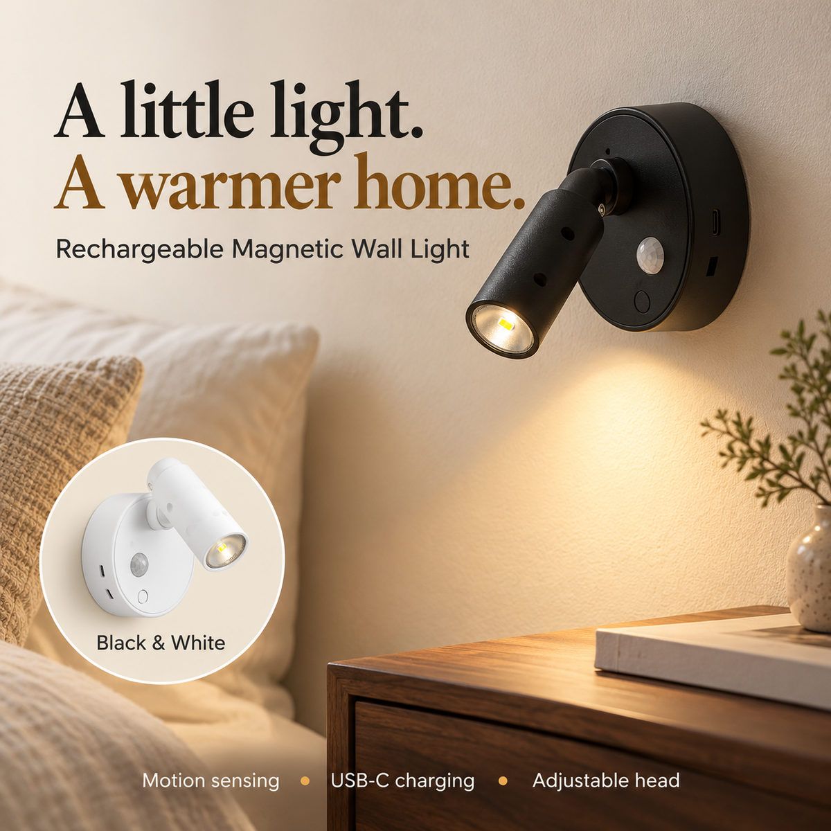 Rechargeable magnetic wall light in black with warm accent lighting and a white finish inset