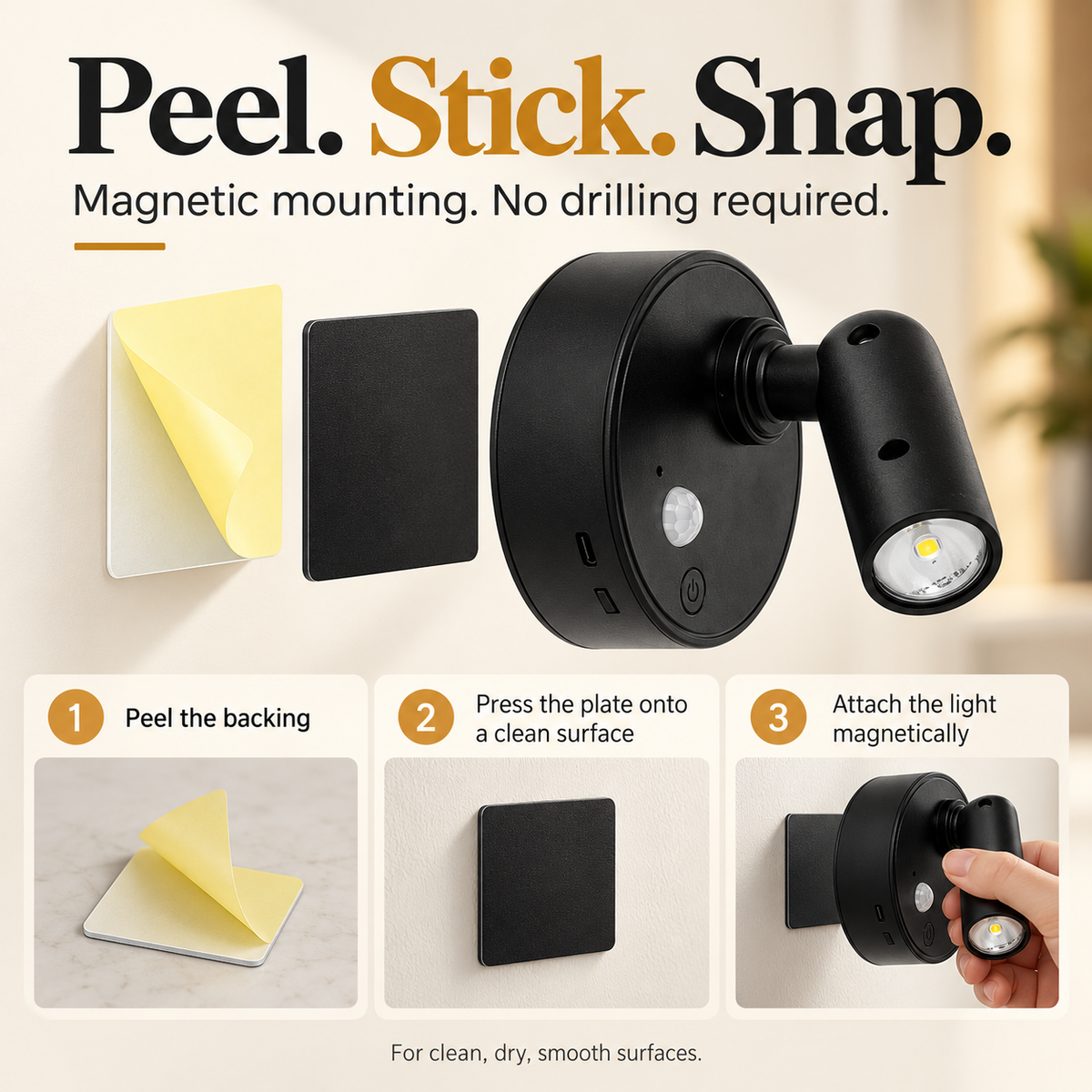 Three-step magnetic wall light installation: peel the backing, stick the metal plate and attach the lamp