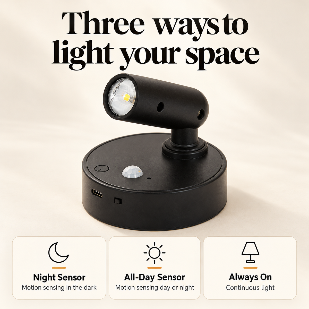 Magnetic wall light with night sensor, all-day sensor and always-on modes