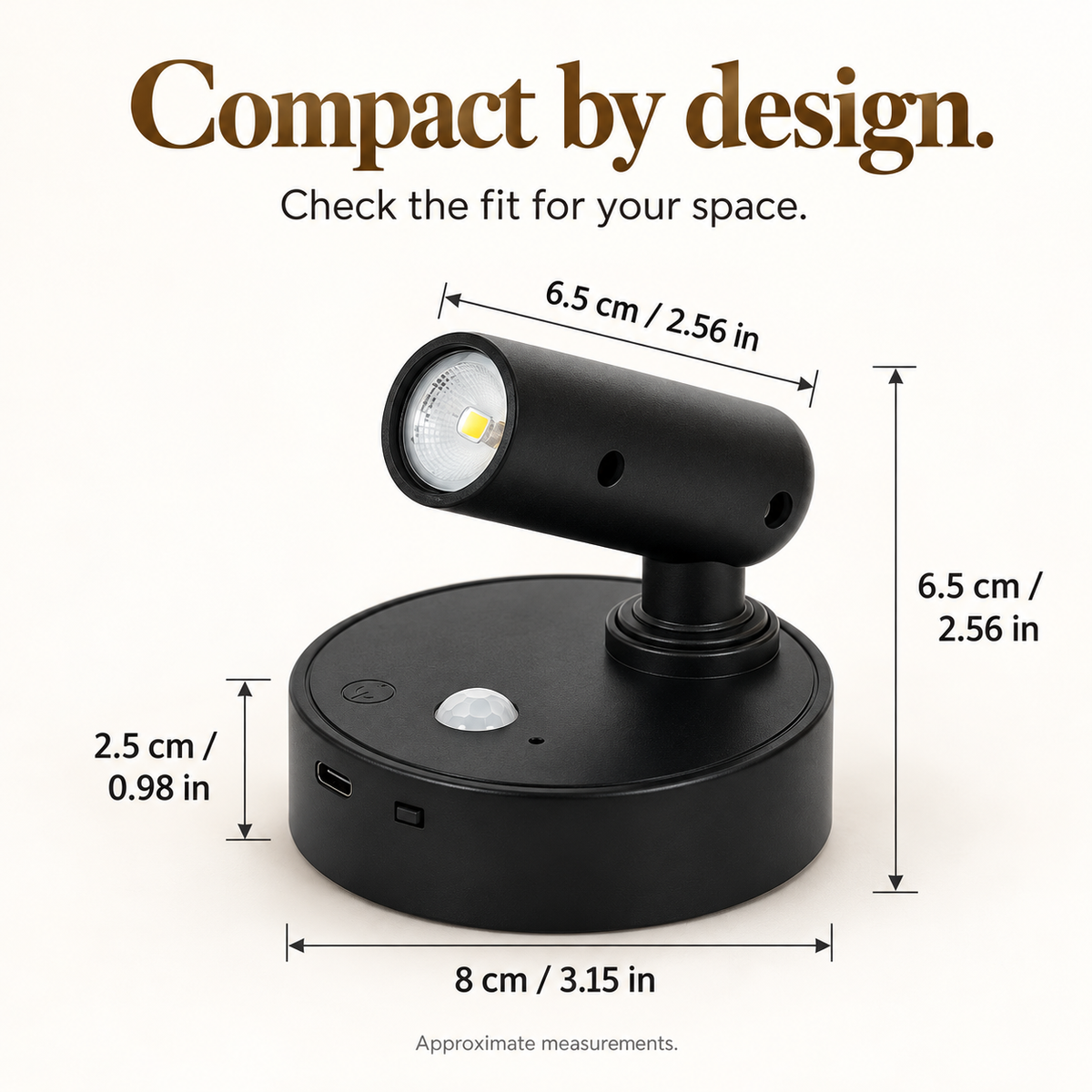 Wall light size guide with an 8 cm base and a 6.5 cm lamp head