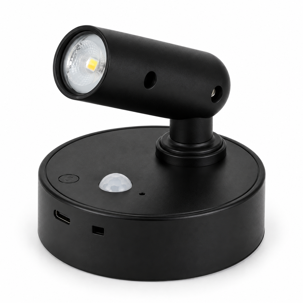Black rechargeable magnetic wall light on a white background