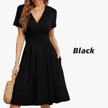 Women’s Elegant Solid-color V-neck Dress with Pockets
