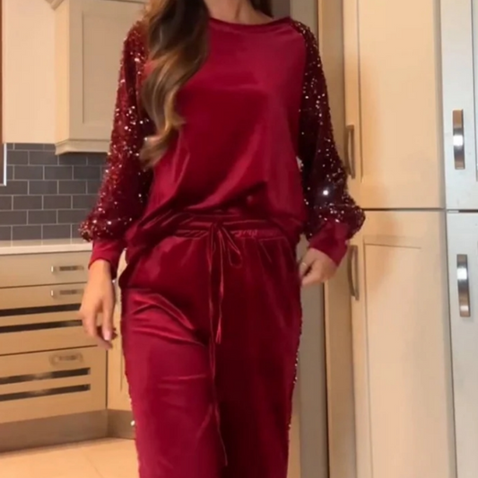 🔥2025 Latest Style🔥Women's Casual Sequin Round Neck Top and Trousers 2-Piece Set