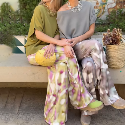 Ensemble 2 pièces pour femme, haut uni et pantalon large imprimé