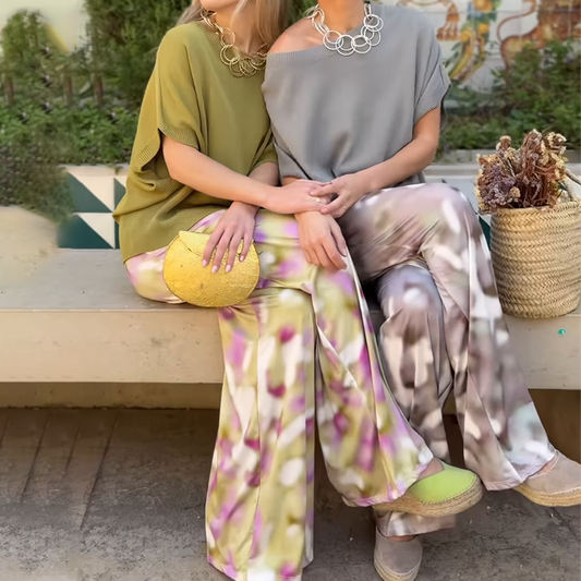 Ensemble 2 pièces pour femme, haut uni et pantalon large imprimé