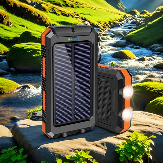Batterie externe solaire portable, chargeur solaire avec double lampe de poche LED, batterie externe pour voyages et camping