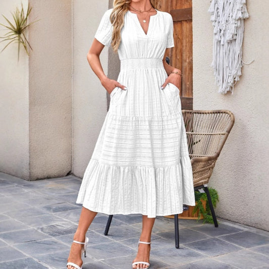 👗Robes longues décontractées à manches courtes et à col en V pour femmes