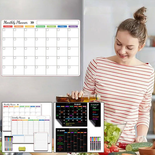 📅Ensemble de calendriers magnétiques effaçables – Réutilisables, avec marqueurs inclus, parfaits pour le frigo, le bureau et l'organisation familiale