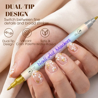 💅✨ Stylo nail art 2-en-1 – Pointe double pour lignes fines et détails, créez des motifs nets et professionnels à la maison ou en voyage, sans effort et sans bavure 🎨🖊️