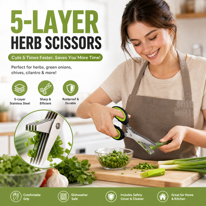 ✂️🥬Ciseaux de cuisine à cinq lames en acier inoxydable – Coupent en fines lamelles régulières en un seul passage, idéaux pour les oignons verts, la coriandre, les piments et les algues.