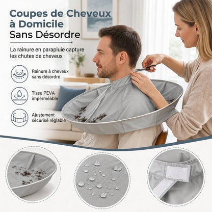 ✂️✨ Cape de coupe avec récupérateur de cheveux – Empêche les cheveux coupés de tomber sur les vêtements et le sol
