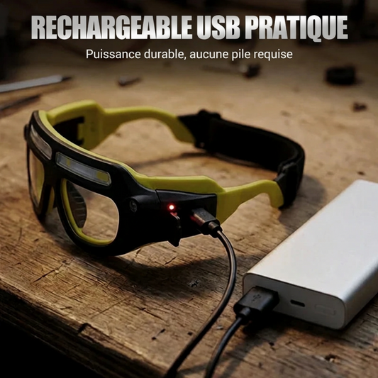 👓📏 Lampe frontale LED rechargeable (style lunettes) | 5 modes : COB (fort/faible) et laser blanc (fort/faible) | Capteur de mouvement | Étanche | USB | Lunettes de sécurité incluses | -50 % !