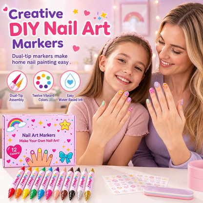 💅 Kit de 12 marqueurs de nail art pour enfants – Double pointe pinceau et fine, 12 couleurs vives, séchage rapide sans lampe UV