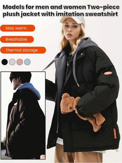 Men's and Women's Sweatshirt Fake Two-piece Plush Jacket