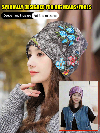 Versatile knitted pile hat with small embroidered flowers that show your face